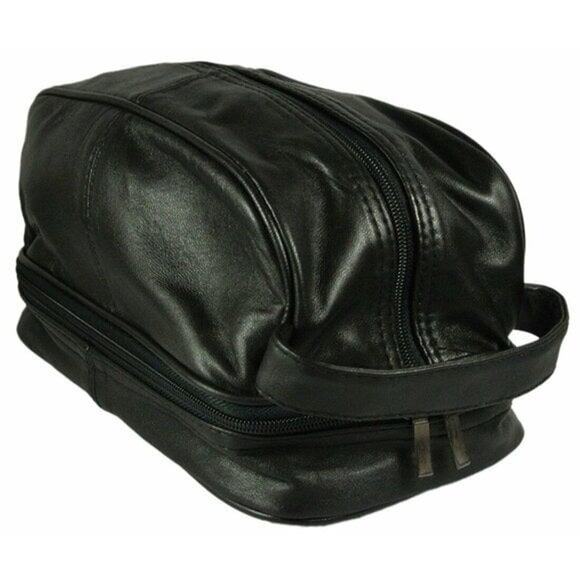 Mens Genuine LEATHER SHAVING Dopp BAG Black Travel Toiletry Shave NWT - Picture 2 of 5